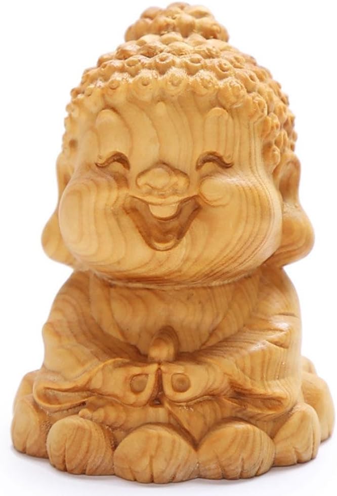 CLHK Boxwood carving Q version of the Cute cartoon laugh Buddha Car Home Creative Decoration wooden crafts collection statues, 31 mm in diameter and 40 mm in diameter.