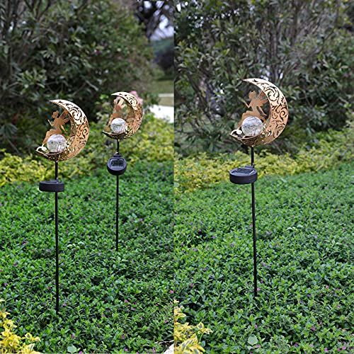LCHPMY Garden Solar Lights, Metal Moon Fairy Solar Stake Lights with Crackle Glass Ball，Outdoor Decorative Lights Waterproof for Walkway, Yard, Lawn, Patio or Courtyard (1 Pack)