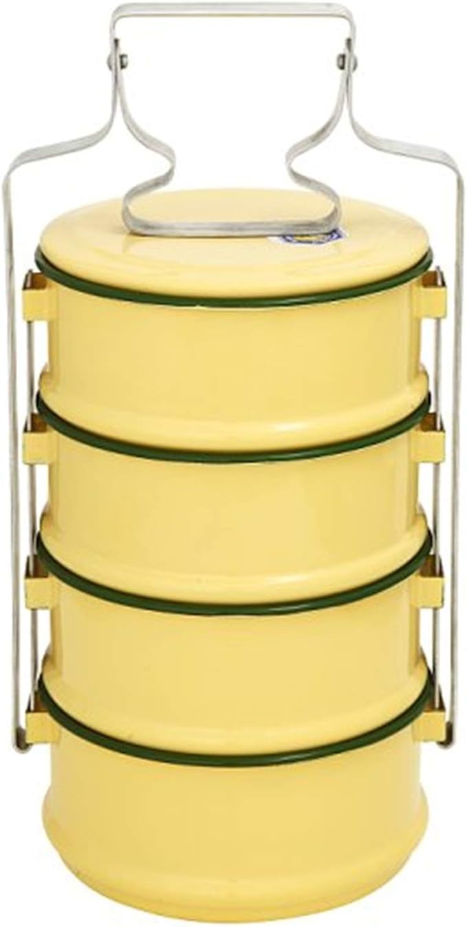 Amazon Com Thai Style Enamel Tiffin Lunch Box Food Container Pinto Carrier Bento Yellow 4 Stacks Kitchen Dining