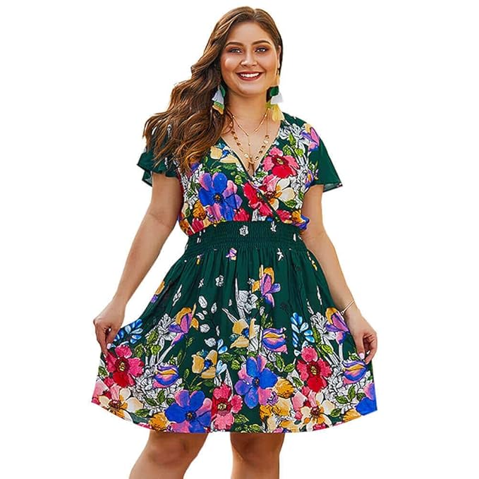 Holagift Womens Plus Size Dress Boho Floral Print Belt Tie Wrap Casual Summer Beach Dress