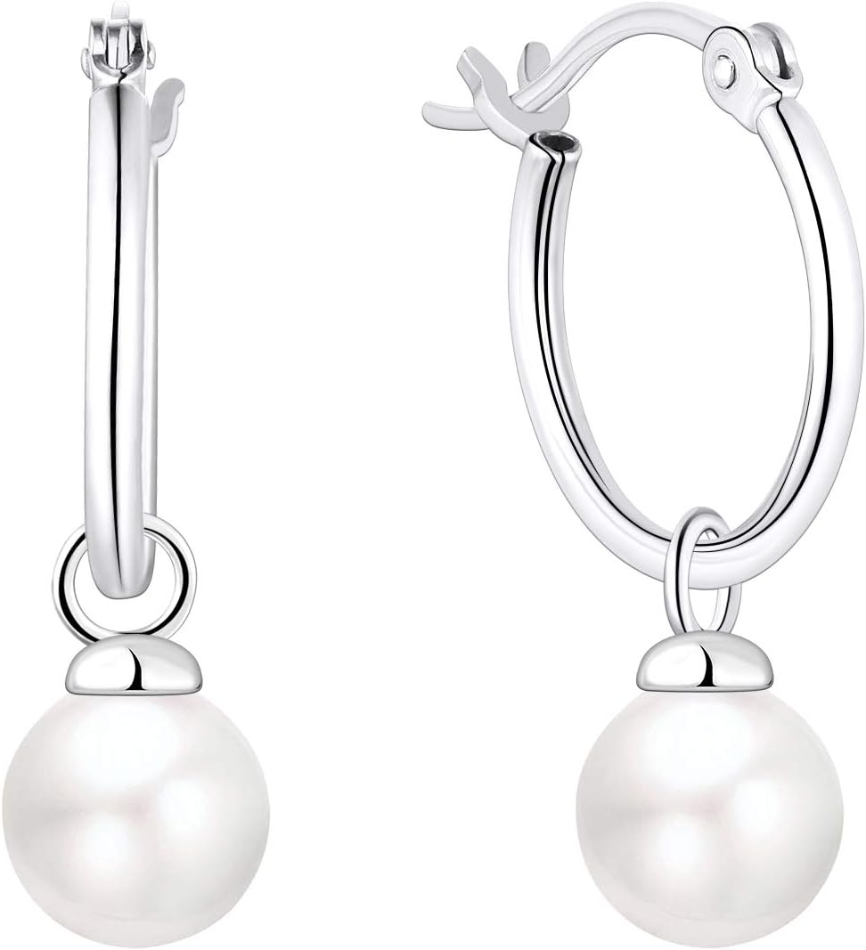 JO WISDOM925 Sterling Silver Hoop Earrings with Simulated Danlge Pearl(white/Black)