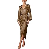 Cosonsen Women's Long Sleeve V-Neck Tie Waist Split Formal Cocktail Wedding Guest Dresses
