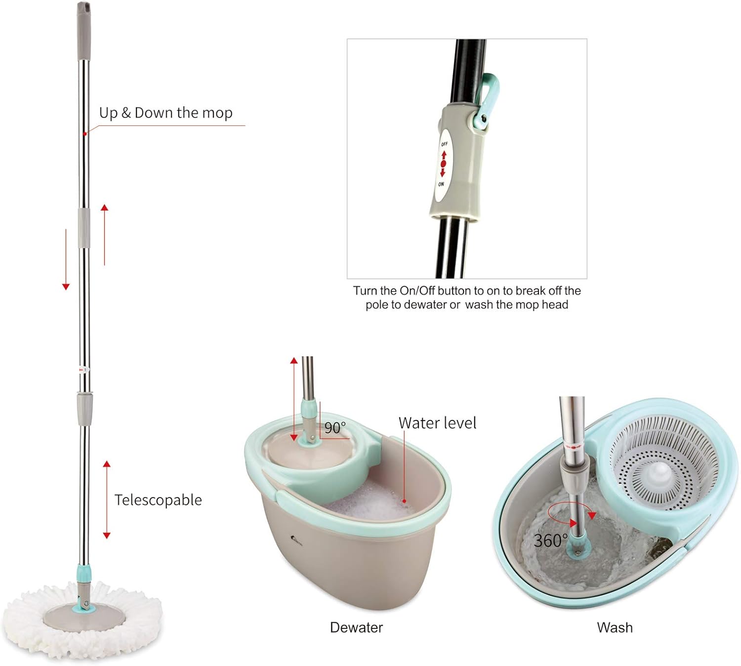 VENETIO Householding 360 Spin Mop and Bucket System with Wringer Set - Dry Wet Self Wringing for Fast Floor Cleaning with 2 Microfiber Mop Heads for Wood, Hardwood, Laminate, Tile - Commercial Grey: Home & Kitchen