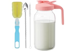 Cnsndqedke 32oz Glass Pitcher with Lid &Pour Spout - 1 Quart Breastmilk Pitcher Double Leak Proof, Creamer Container for Sun Tea, Juice, Cold Brew Coffee, Breastmilk Storage Container -Pink Lid