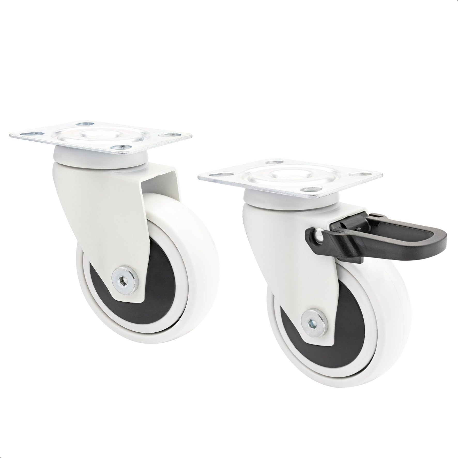 WAGNER design - 3C - swivel castors/furniture castors - 2pcs. set - white, soft tread, diameter Ø 75 mm, ball bearing, 1 castor without 1 with brakes, load capacity 75 kg/castor - 02227602