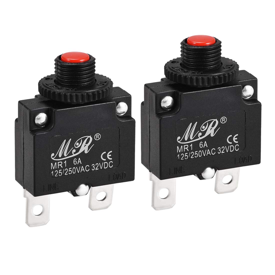 Sourcingmap Thermal Circuit Breakers 6A 125/250V AC 32V DC Push Button Manual Reset Overload Protector Switch 2 Pcs