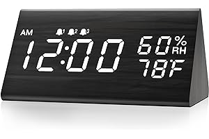 JALL Digital Alarm Clock, with Wooden Electronic LED Time Display, 3 Alarm Settings, Humidity & Temperature Detect, Wood Made Electric Clocks for Bedroom, Bedside (Black)