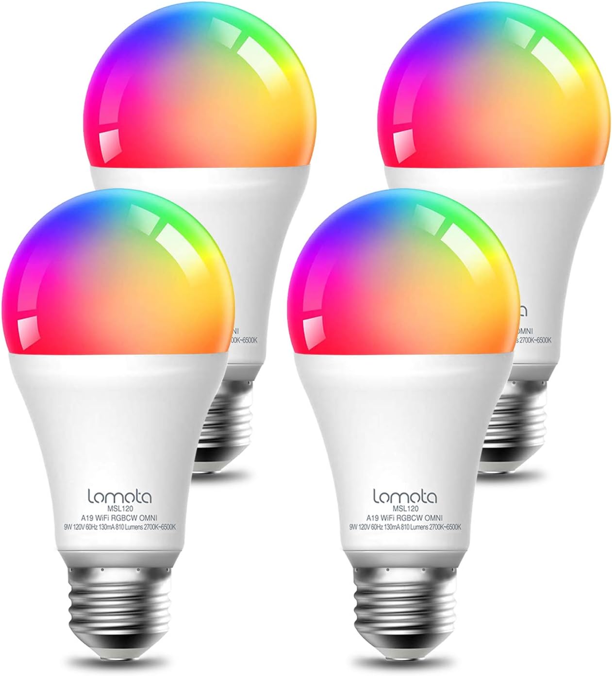 WiFi Smart Light Bulb Dimmable, Compatible with Alexa and Google Assistant, 2700K-6500K RGBCW, 810 Lumens 60W Equivalent, Lomota A19 E26 WiFi LED Light Bulb, No Hub Needed - 4 Pack