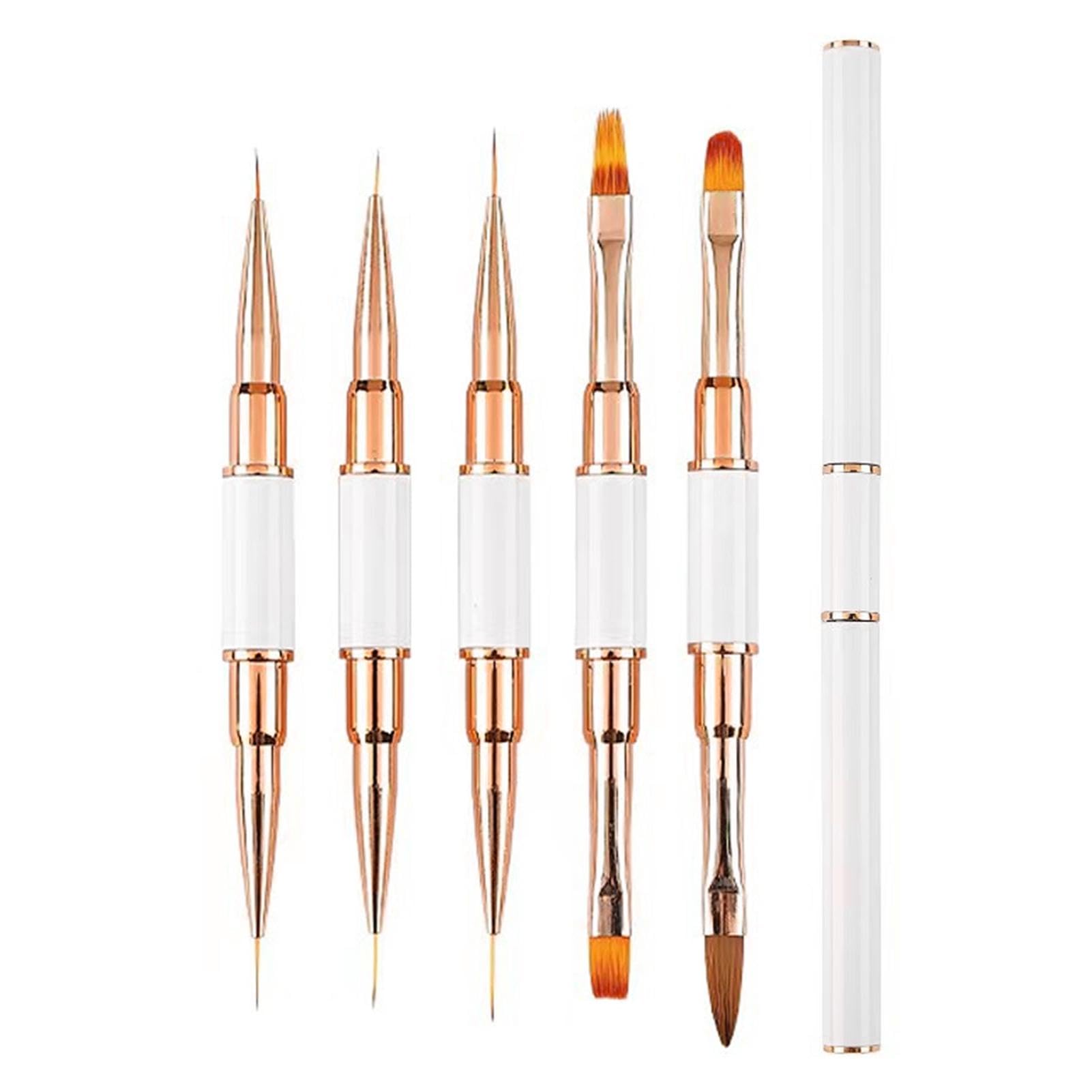 5 Pcs Nail Art Brushes Set Professional, Dual-ended Nail Art Brush,Thin Liner Pen, Acrylic Dust Brush, Fine Line Nail Art Painting Brush for Gel Polish DIY Nail Art Design white& Gold)