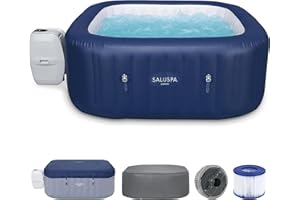 Bestway SaluSpa Hawaii AirJet 4 to 6 Person Inflatable Hot Tub Square Portable Outdoor Spa with 140 AirJets and EnergySense Energy Saving Cover, Blue