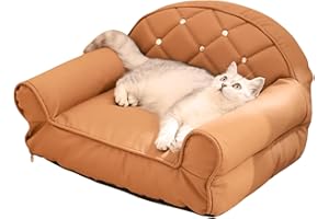 Pet Sofa Bed, Vintage Cat Dog Faux Leather Sofa with Non-Slip Bottom and Waterproof, Detachable and Washable Cover (Brown,Euc