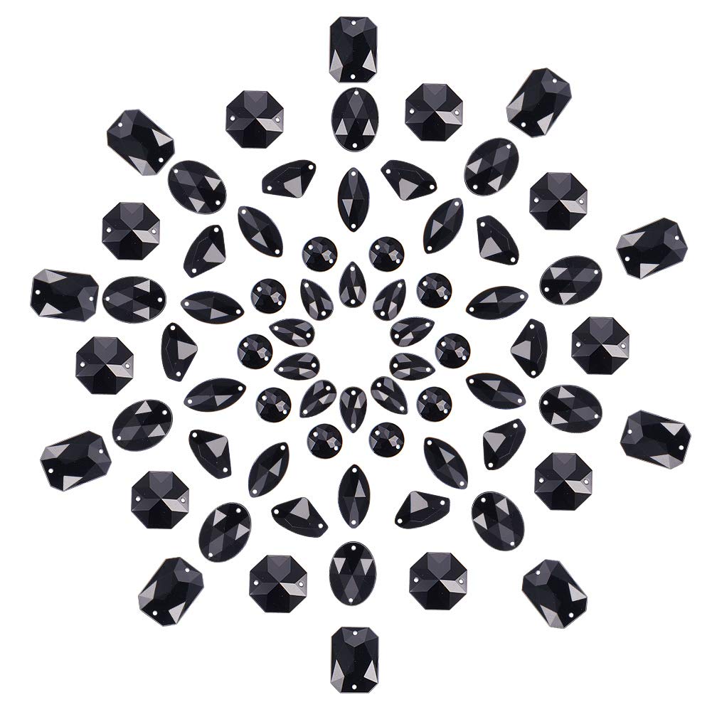 PH PandaHall 70pcs Black Sew on Rhinestones, 7 Styles Flatback Rhinestones for Clothes Gems Sew on Embellishments for Clothes Brooch Shoes Costume Hairpins Jewellery Making, 8~18mm, Hole 0.8~1.4mm