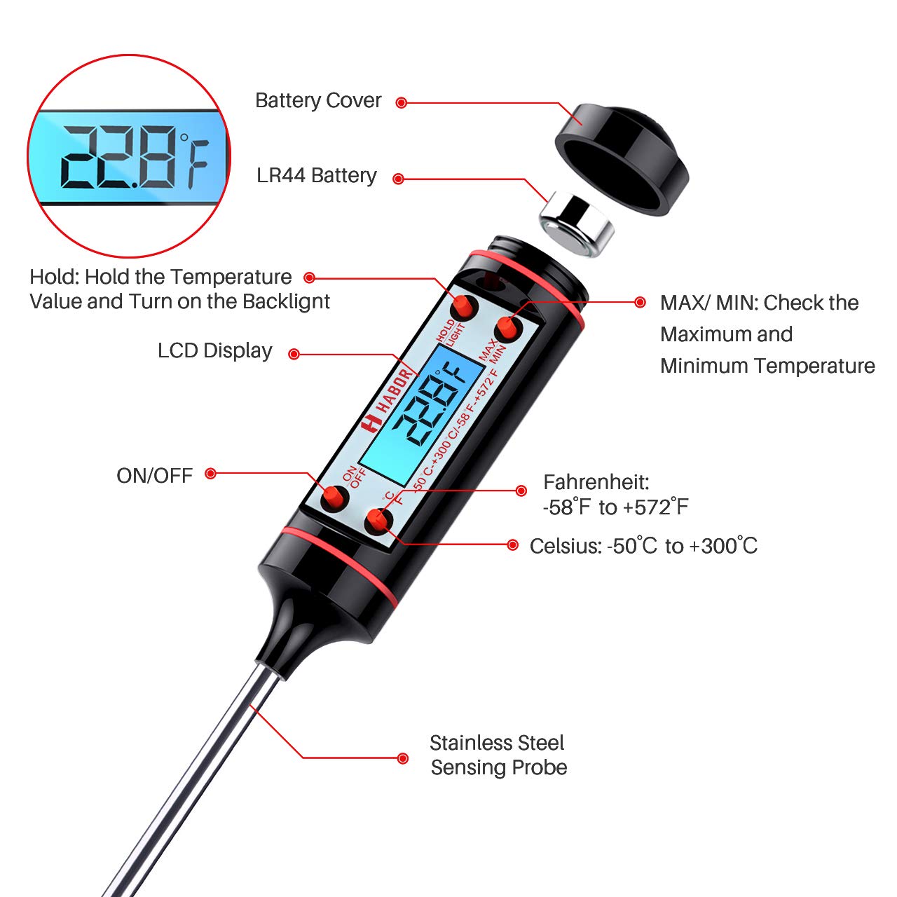 Habor Kitchen Cooking, Digital MultiFunctional Thermometer with