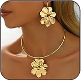 KummerSaprk Gold Flower Earrings Necklace Set Vacation Jewelry for Women Flower Jewelry Bold Foral Statement Necklace Summer Pendant Necklaces Beach Essentials Gifts