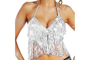 Nicute Silver Sequin Top Fringe Bra Top Sparkly Belly Dance Tops for Women