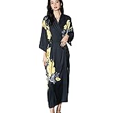 Daiwor Kout Silk Satin Robe for Women Long Japanese Kimono Robe Lightweight Soft Bathrobe Floral Luxury Dressing Gown