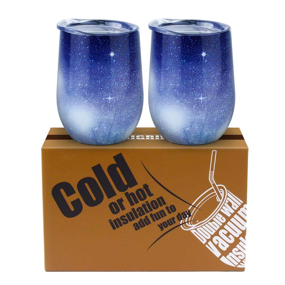 Wine Tumbler, GIGRIN 2 Sets Insulated Wine Glasses 12oz Stainless Steel with Lid and Metal Straw, Wine Cups for Coffee, Drinks, Champagne - Cleaning Brushes for Washing Inside of Glass and Straw