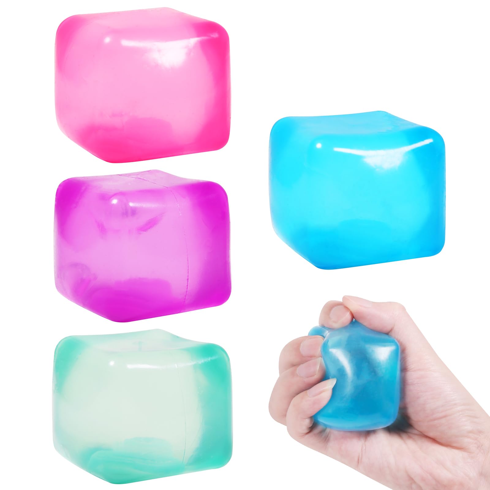 Photo 1 of 4pack Stress Cube Squishy Stress Balls for Adults Kids Fidget Toy for Your Best Mellow and Chill -Ice Cubes-Square Shape with Filling in Pink Blue Purple Green -Age 3 to Adult(4pcs Cube)