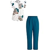winkbay Women's 2 Piece Casual Summer Outfits Elegant Floral Ruffle Sleeve Button Down Blouse and Pants Set