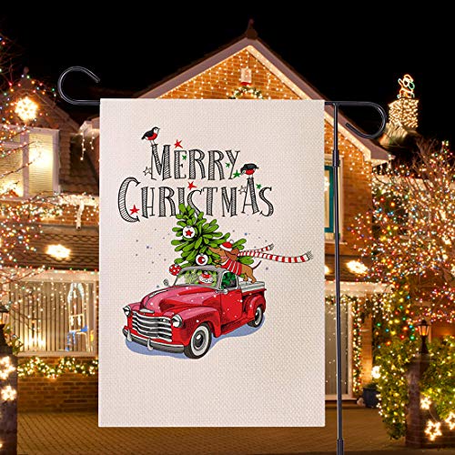 Merry Christmas Garden Flag Red Truck Vintage Tree - Home Xmas Quote House Yard Flag Pickup - Double Sided Burlap Rustic Winter Garden Yard Decorations, Vintage Seasonal Outdoor Flag 12 x 18 Holiday - Thumbnail 5