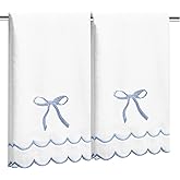 2 Pcs Coquette Bow Hand Towels 15.75 x 27.56 Inch Scalloped Embroidered Dish Towel 100% Cotton Cute Preppy Decorative Bath Hand Towel for Kitchen Bathroom (Blue)