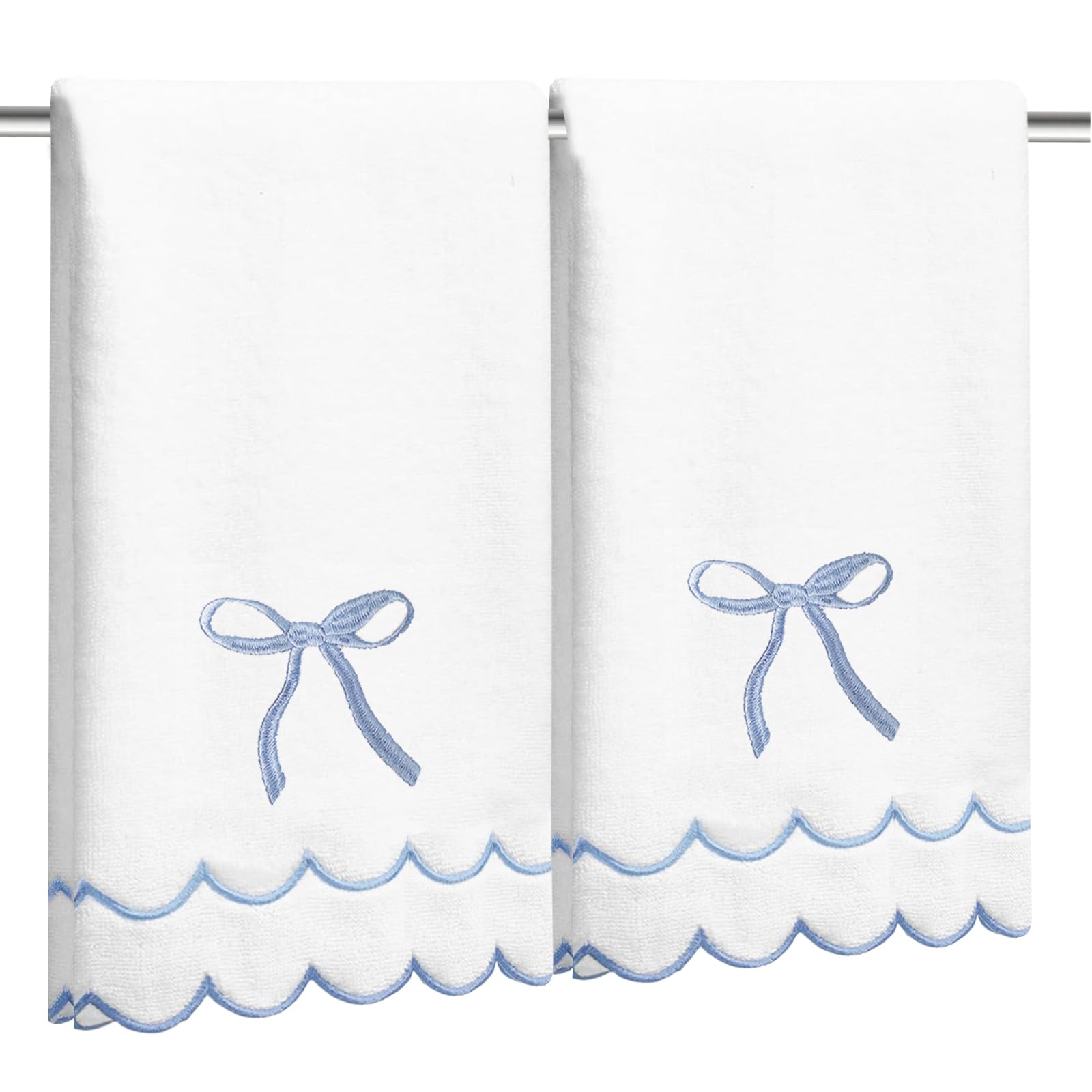 Photo 1 of 2 Pcs Coquette Bow Hand Towels 15.75 x 27.56 Inch Scalloped Embroidered Dish Towel 100% Cotton Cute Preppy Decorative Bath Hand Towel for Kitchen Bathroom (Blue)