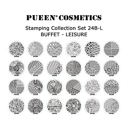 PUEEN Nail Art Stamp Collection Set 24B-L STAMPING BUFFET - LEISURE - NEW Set of 24 All You Can Stamp Full Size Stamping Image Plates Manicure DIY (Infinite Images With Your Creativity) Now with BONUS Storage Case-BH000415
