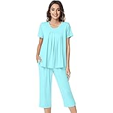 NACHILA Pajamas for Women-Viscose Made from Bamboo,Short Sleeve Sleepwear Cooling Pjs Top Ladies Soft Capri Pants Pajama Sets