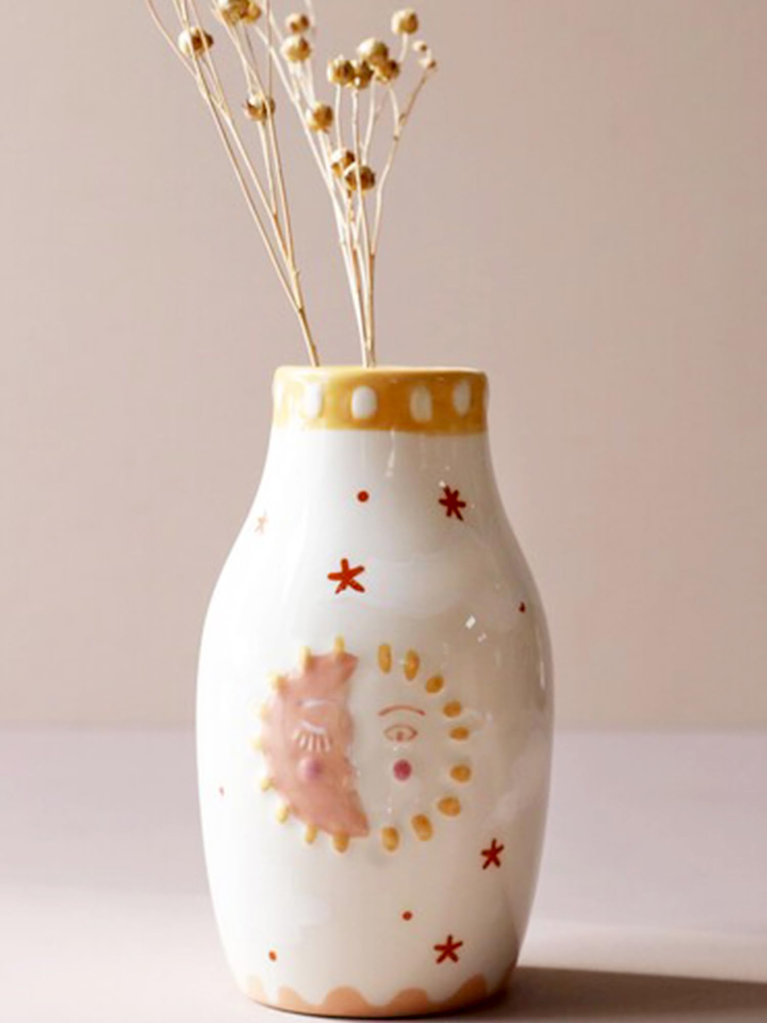 MOUGIGI Unique Ceramic Vase, Cute Boho Decor, Small Cream Vase for Dried Flowers or Single Bud - Sun and Moon Face Design