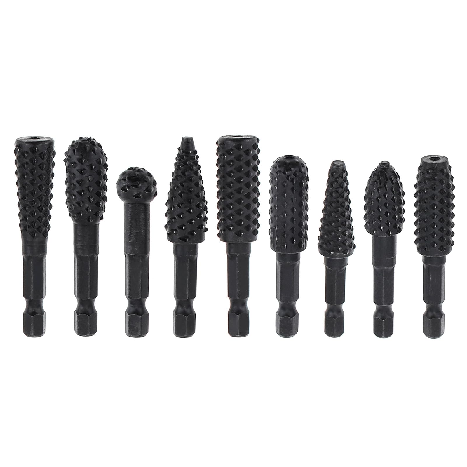Omninmo 10pcs Rotary Burr Wood Carving Rasp Files Set for Woodworking Carving & Rubber Deburring, Shaping and Grooving, with 1/4" Hex Shank Wood Carving Rasp Files