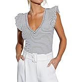 Ezbelle Women's V Neck Tank Summer Tops Striped Tshirts Ruffle Short Sleeve Slim Fitted Ribbed Knit Sexy Blouse 2026