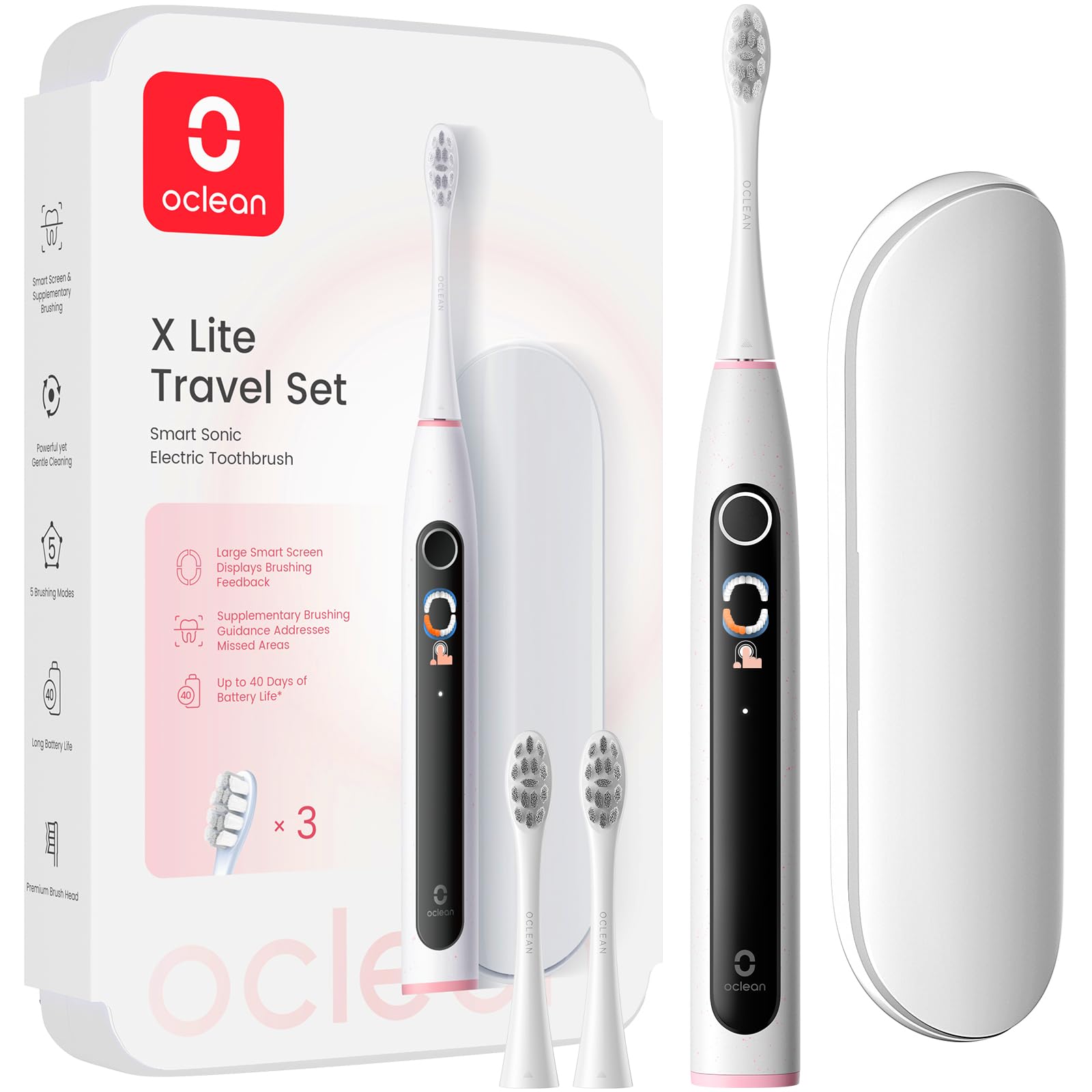 Oclean X Lite elektrische Zahnbürste Gift Set Grau, Schallzahnbürste mit 1+2 Ersatzbürstenköpfe, Ein Knopf Bedienung, IPX7 Wasserdicht Electric Toothbrush mit 5 Putzprogrammen, Timer und Reise Etui