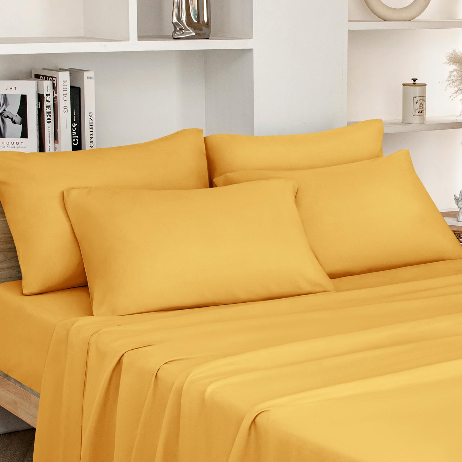 HOMEIDEAS Bed Sheets Set Extra Soft Brushed Microfiber 1800 Bedding Sheets - Deep Pocket, Wrinkle & Fade Free - 6 Piece(Queen,Gold)