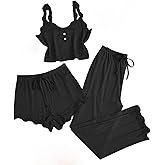 Womens 3 Piece Pajamas Sets Sleeveless Camisole Button V Neck Camis Pjs Shorts Pants Sleepwear Soft Comfy Loungewear
