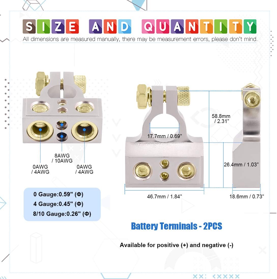 Glarks 8Pcs Car Battery Terminals Connectors 0/4/8/10 Gauge Battery Terminals with Heavy Duty Wire Ring Terminal Connectors for Car Vehicle - Image 3