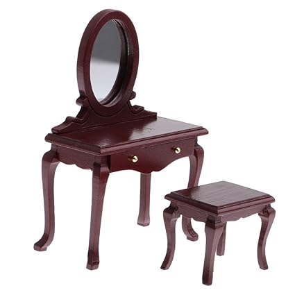 MonkeyJack 1:12 Brown Dressing Table Dresser Stool Set Dollhouse Bedroom Furniture Decoration