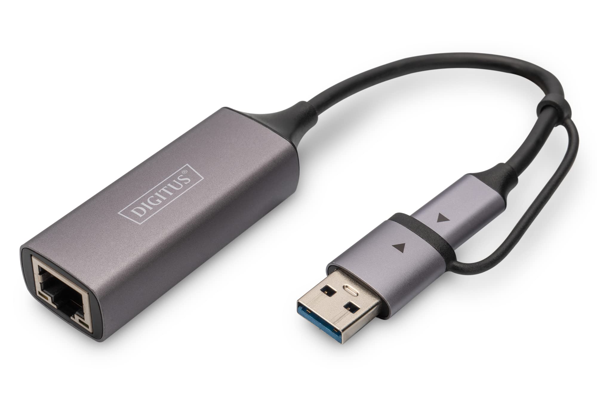DIGITUS USB network adapter - 2.5 Gbit/s - RJ45 to USB-C 3.1 - incl. Type-A adapter - Full-Duplex - Auto MDI-X - Grey