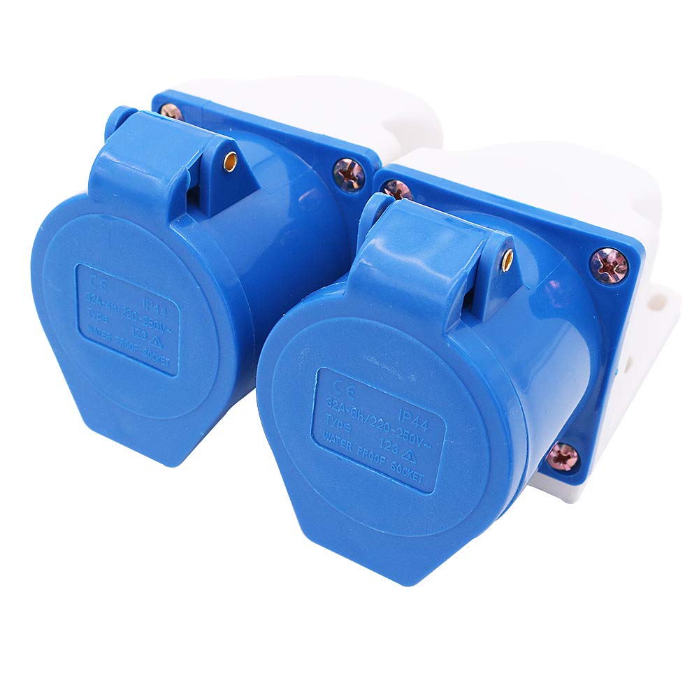 POFET 2Pcs Power Plus 32AMP Surface-Mountable Sockets 220-250 Volt 3 Pin (IP44) Coupling Sockets - Blue