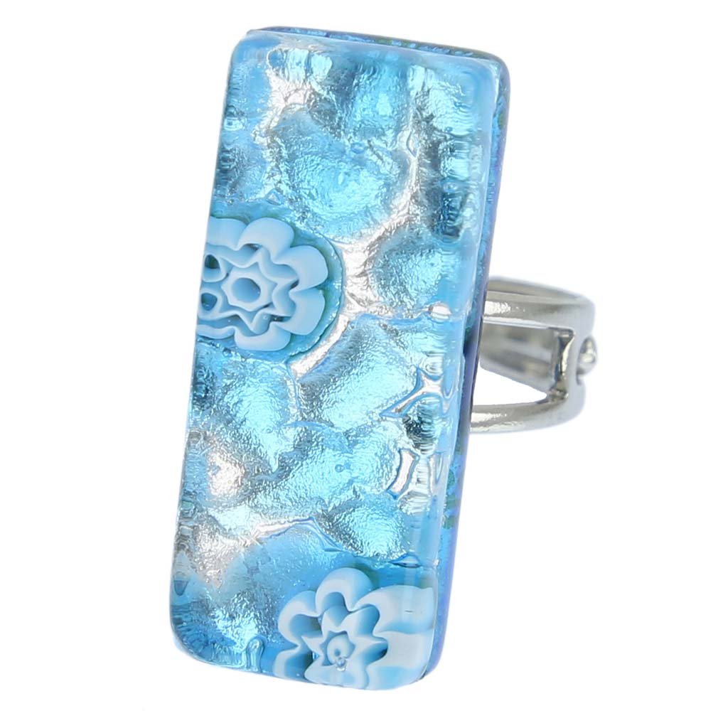 Glass Of Venice Murano Glass Venetian Reflections Rectangular Adjustable Ring - Aqua Silver