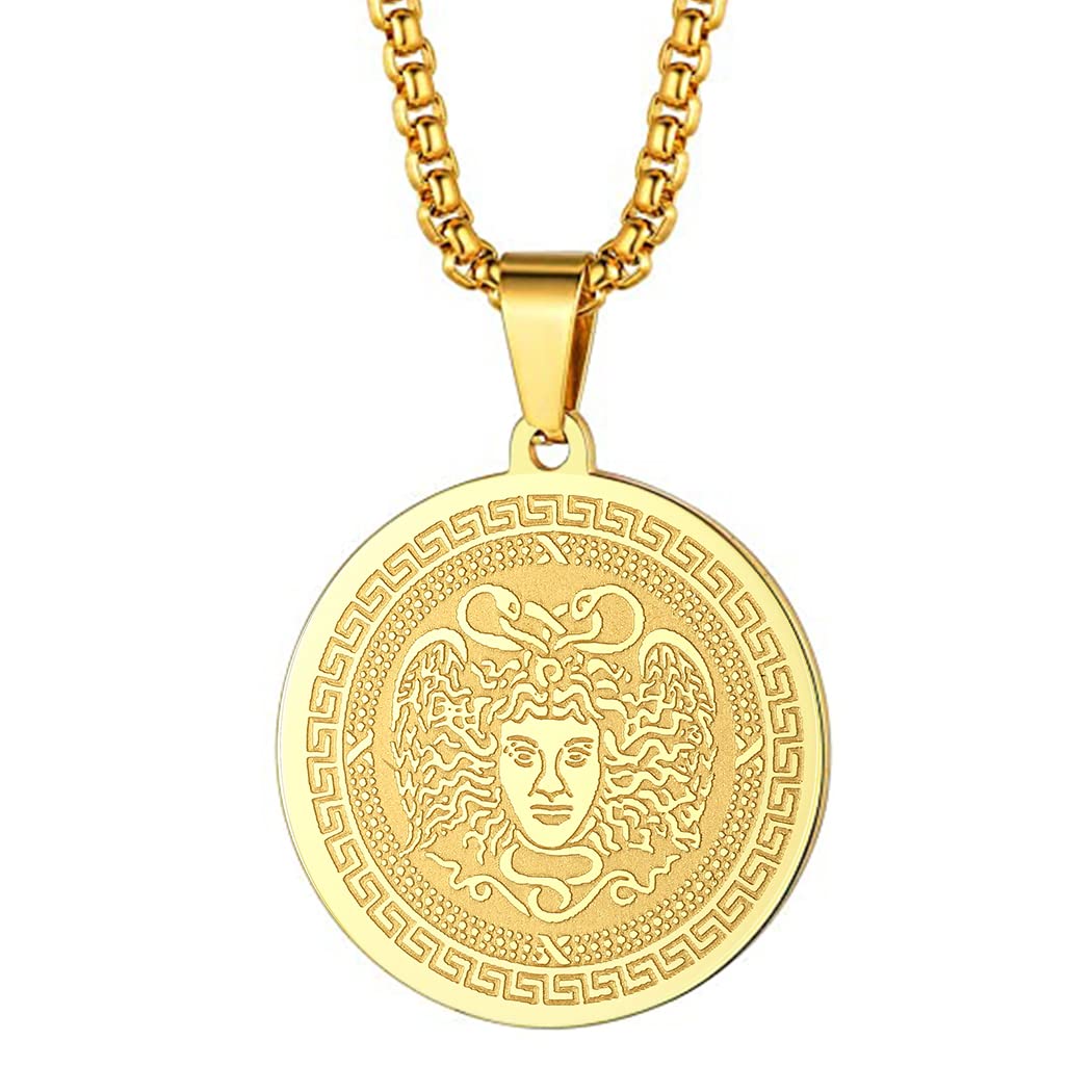 LUTAKU Mens Jewellery Gorgon Medusa Gold Necklace for Men Boys Unisex Ancient Greek Mythology Pendants Pagan Charm Hip Hop Chains for Men (265G)