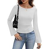 BESTPOEM Womens Long Sleeve Bell Sleeve Cropped Tops Valentine's Day Dressy Casual Boat Neck Ruched Cotton T-Shirts