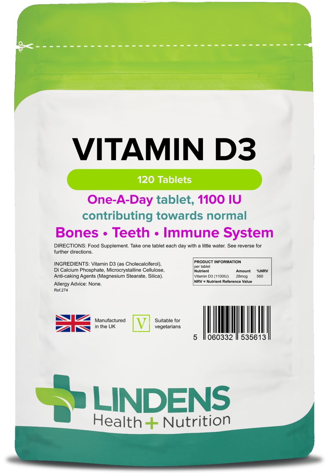 Lindens Vitamin D3 1100IU - 120 Tablets - Immune System, Bones, Teeth, UK Manufacturer Immune Support | (4 Months Supply) | Suitable for Vegetarians | Letterbox Friendly