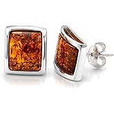 Lottie Genuine Baltic Honey Amber Stud Earrings for Women – 925 Sterling Silver Rectangular Cabochon Post Earrings, Natural Amber Jewelry with Certificate