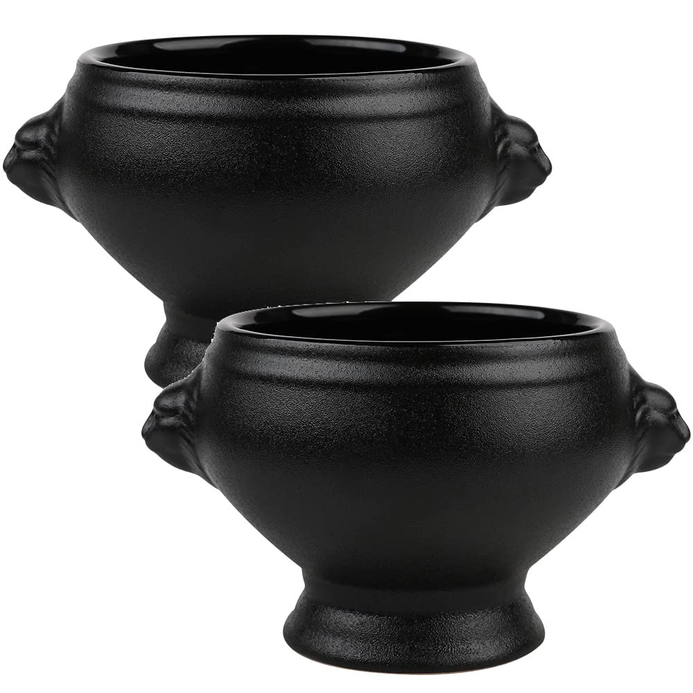TAMUME Matt Finish Porcelain Soup Bowl with Handles, Lion's Head Style for French Onion Soup, Set of 2 (Black *2)