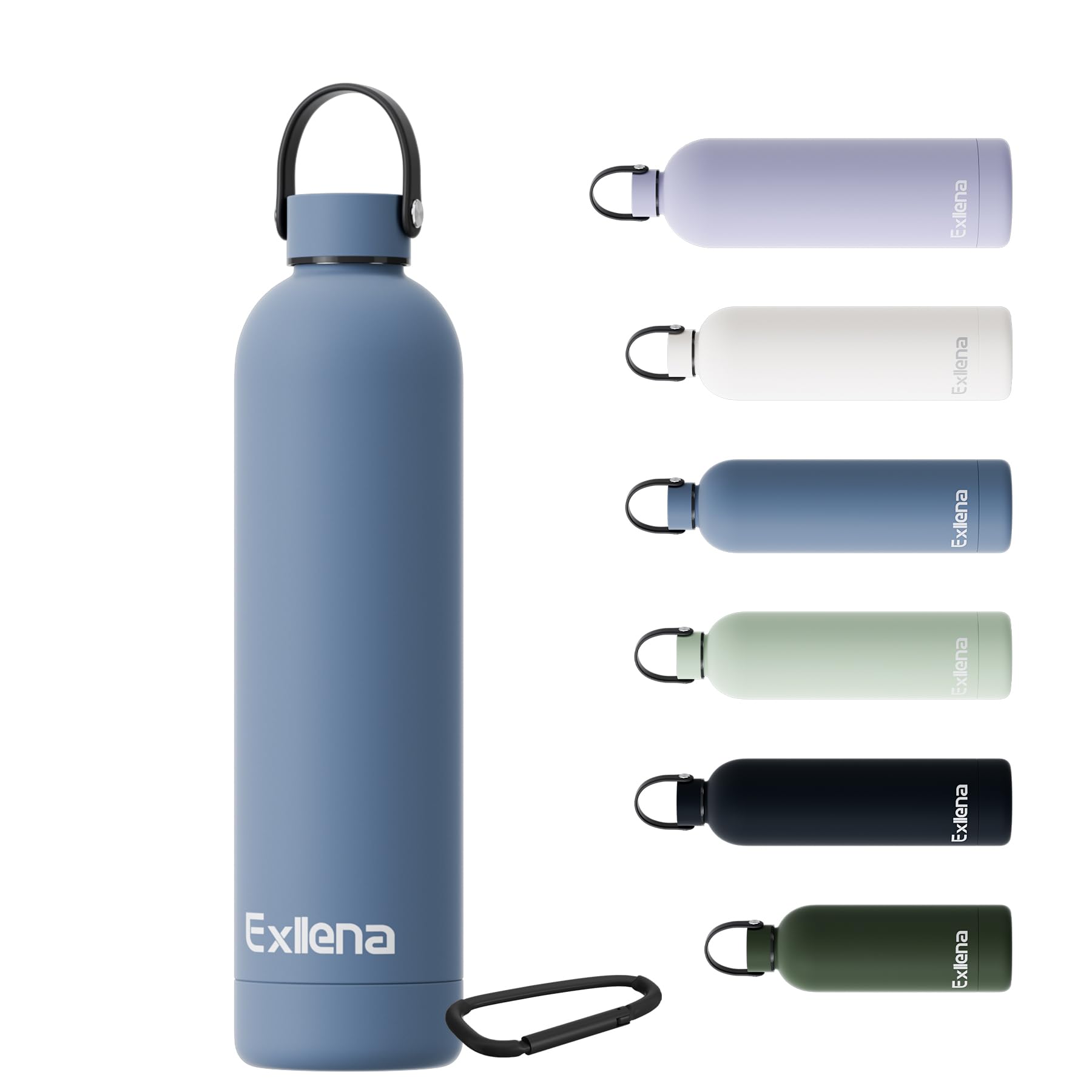 Exllena 750ml Water Bottles Metal with Handle Lid and Carabiner, Double Wall Vacuum Drinks Bottle Keeps Drinks Cold 24 Hrs/Hot 12 Hrs, Stainless Steel Water Bottle BPA Free(Whale Blue)