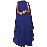 Seltaon Women's Chiffon Pleated Flowy Maxi Dresses Cape Sleeve Pleated Cocktail Evening Party Dress