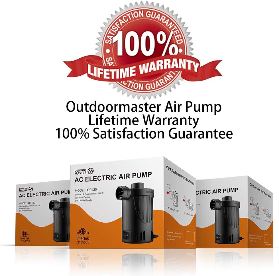 OutdoorMaster Air Mattress Pump - Electric Air Pump Portable OP420 0.64 PSI Inflator/Deflator Pumps for Raft, Pool, Pool Floats, Bed, Toy, Yoga Ball, Quick-Fill AC Pump with 3 Nozzles,110-120 Volt: Home & Kitchen