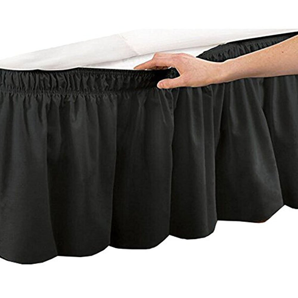 Pleated Three Sides Fabrics Wrap Around Style Egyptian Cotton Elastic 15 inch Drop Dust Bed Skirt for Twin/Full,Queen,King Size Beds(King, Black)