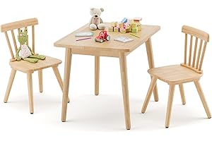 Curipeer Windsor Kids Table and 2 Chair Set, Rubberwood Children Toddler Table and Chair Set with Non-Slip Legs/Round Edge Design for Art, Play, Craft, Activity, Natural Wood