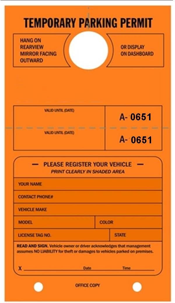Temporary Parking Permit Numbered with Tear-Off Stub 0651-0700 Mirror ...